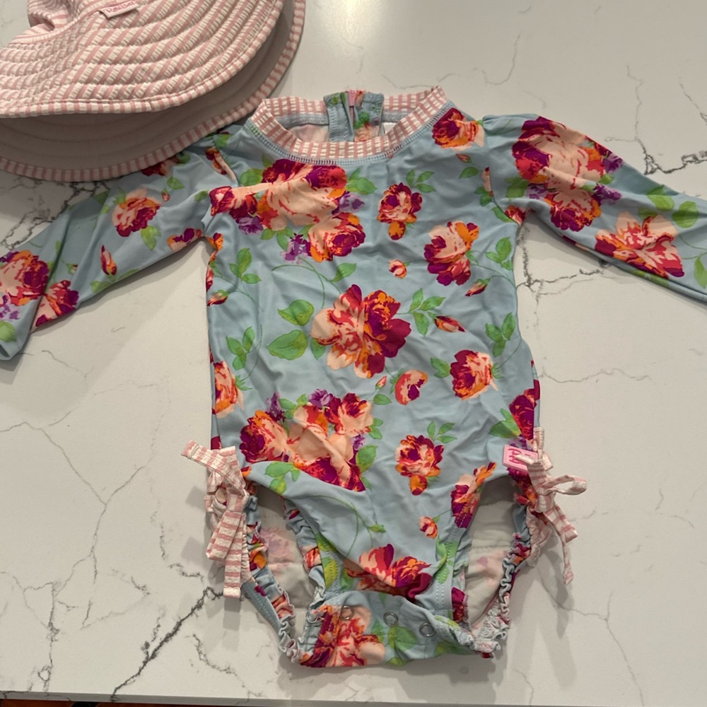 Ruffle Butts Floral Kids Swim One Piece - Blue and Pink